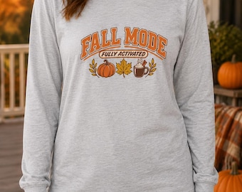 Fall Mode Fully Activated Long Sleeve Tee, Pumpkin Coffee Maple Leaf Graphic