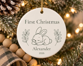 Personalized Baby's First Christmas Ornament, Woodland Animal, Custom Name and Year Ceramic Woodland Holiday Decor Gift