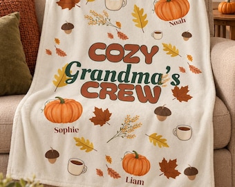 Grandma's Cozy Crew Blanket, Personalized Name Fall Blanket, Autumn Pumpkin Throw, Grandmother Gift