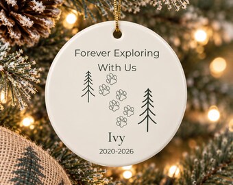 Personalized Pet Memorial Ornament, Ceramic Paw Print Keepsake, Forever Exploring With Us (Dog Loss Gift)
