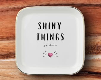 Personalized Shiny Things Jewelry Dish, Ceramic Ring Holder, Gold Trim (4.5-inch)