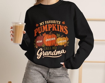 Personalized Grandma Fall Shirt, Favorite Pumpkins, Grandkids Tee (Long Sleeve)