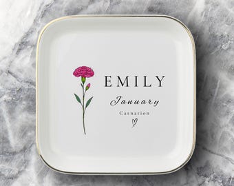 Personalized Birth Flower Jewelry Dish, Custom Name Ceramic Tray, Gold Trim (4.5-inch)