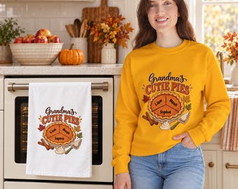 Personalized Grandma's Cutie Pies Tea Towel & Sweatshirt, Fall Baking Gift