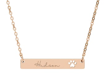 Personalized Paw Print Bar Necklace, Engraved Pet Name Pendant, Memorial Gift