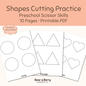 Puede incluir: Tres hojas de papel blancas con formas para practicar el corte. Las hojas presentan círculos, triángulos y corazones con líneas punteadas para cortar. El texto en la parte superior dice "Shapes Cutting Practice" y "Preschool Scissor Skills".