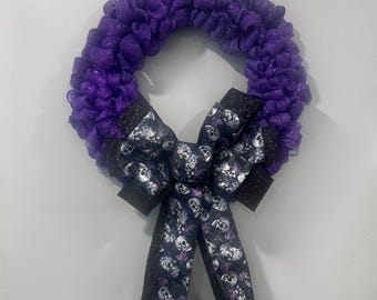 Purple Roses & Skull Halloween Wreath | 17” Deco Mesh Door Decor