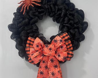 Black & Orange Spider Halloween Wreath | 22” Deco Mesh Door Decor