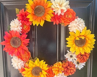 Orange, Yellow, & White Sunflower Fall Wreath | 22” Floral Door Decor