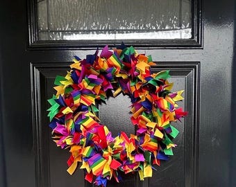 Rainbow Ribbon Pride Month Wreath | 16” Ribbon Door Decor