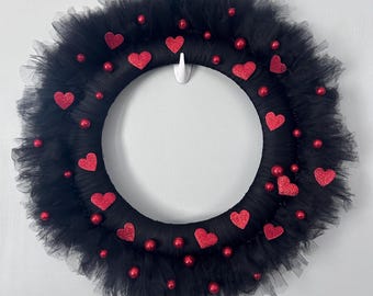 Black & Red Valentine's Day Wreath | 24” Tulle Door Decor