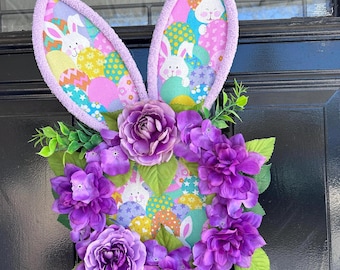 Ghirlanda pasquale floreale con coniglietto pastello da 13 pollici, decorazione per porta d'ingresso a tema amore con fiori / Ghirlanda stagionale fatta a mano
