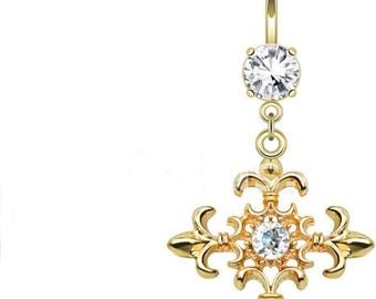 Surgical Steel Celtic Cross Belly Button Ring, Paved Gems, Cubic Zirconia