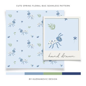 Cute Spring Floral Bug Seamless Pattern, Blue Floral Ant Handrawn Illustration, Scrapbooking Fabric Wallpaper, PNG Digital Download