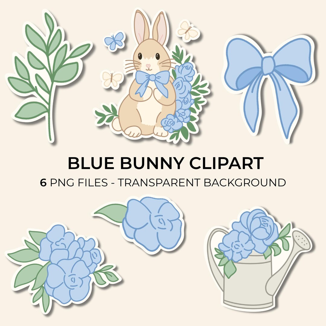 Blue Bunny Clipart Set, Vintage Storybook Floral Garden, Kids Sticker ...