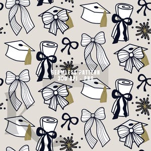 May include: A seamless pattern featuring graduation caps, diplomas, bows, and decorative elements in black, white, and gold on a light gray background. The text "SEAMLESS PATTERN 300 DPI - PNG" is also present.