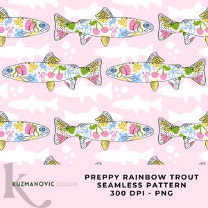 Op de afbeelding: Een naadloos patroon met illustraties van regenboogforellen op een lichtroze achtergrond. De vissen zijn versierd met kleurrijke abstracte vormen, stippen en kersenmotieven. De tekst onderaan luidt: KUZMANOVIC DESIGN PREPPY RAINBOW TROUT SEAMLESS PATTERN 300 DPI - PNG.