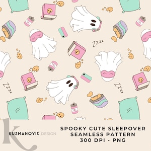 May include: A seamless pattern featuring white ghosts wearing pink sleep masks or headphones, light green pillows, pink snack boxes with cookies, and soda cans on a beige background. The text reads KUZMANOVIC DESIGN SPOOKY CUTE SLEEPOVER SEAMLESS PATTERN 300 DPI PNG.