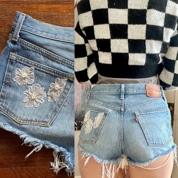Custom Sequin Floral Embroidery on Levis 501 Cut Off Shorts