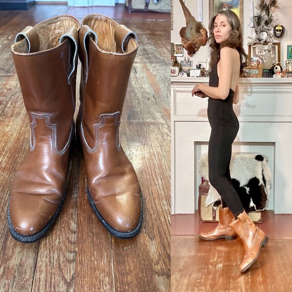 Worn 80s Light Brown/Tan Leather Cowboy Boots - image 1