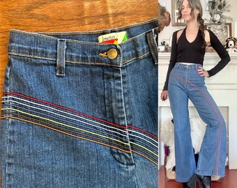 Vintage 90s Denim Bell Bottoms with Rainbow Embroidery