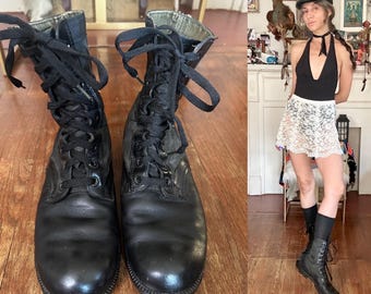 Vintage   Black  Leather & Canvas Combat Boots