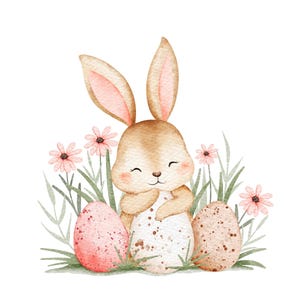 Peut inclure: Illustration à l'aquarelle d'un mignon lapin de Pâques avec trois œufs décorés. Le lapin est brun clair avec l'intérieur des oreilles roses, entouré de fleurs roses et d'herbe verte. Les œufs sont roses, blancs et mouchetés.