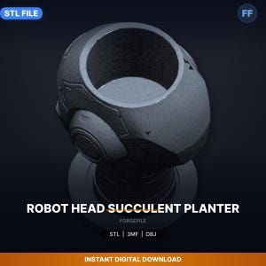 Maceta suculenta con cabeza de robot, archivo STL, imprimible en 3D, descarga digital