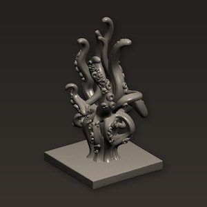 May include: A gray, 3D-printed sculpture of an octopus or kraken with multiple tentacles. The tentacles are curled and textured, rising from a central base. The sculpture is mounted on a square base.