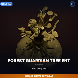 May include: A 3D-rendered sculpture of a Forest Guardian Tree Ent, featuring a detailed design with branches, leaves, and mushroom-like elements. The sculpture is in a golden hue, with the text "FOREST GUARDIAN TREE ENT" and "STL | 3MF | OBJ" visible.