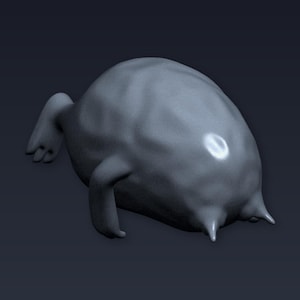 May include: A gray, abstract 3D-rendered creature with a rounded body, small limbs, and two pointed protrusions. The creature has a smooth, textured surface and a glowing highlight on its back.