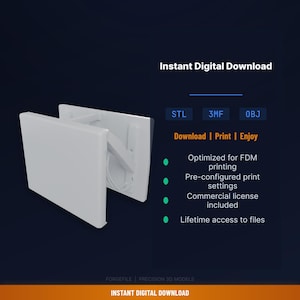 May include: A white 3D model with a rectangular design, featuring a hinged component. The image includes text that reads "Instant Digital Download," along with file format options and bullet points detailing features like FDM printing optimization and commercial license.