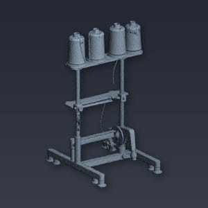 Op de afbeelding: Een grijze naaigarenstandaard met vier klosjes garen. De standaard heeft meerdere niveaus en een wiel aan de onderkant. De standaard is van metaal en heeft een vintage uitstraling.