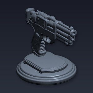 May include: A gray, futuristic-looking pistol with a detailed design, featuring multiple barrels and a decorative grip. The gun is mounted on a round, tiered base, creating a display piece.