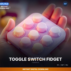 May include: A pink toggle switch fidget with nine rounded buttons in a grid pattern. The buttons are a light pink and white color. The text "TOGGLE SWITCH FIDGET" is displayed in white, along with "STL FILE INSTANT DOWNLOAD".