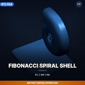 May include: A 3D-rendered blue Fibonacci spiral shell design. The image features the text "FIBONACCI SPIRAL SHELL" and "STL FILE". The design is a digital download.