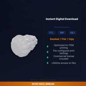 May include: A white, cloud-shaped 3D model against a dark blue background. The image includes text that reads "Instant Digital Download" and details about the digital files, including optimized settings and a commercial license.
