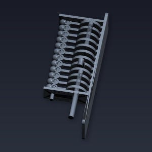 Puede incluir: Modelo de ábaco gris renderizado en 3D. El ábaco presenta una serie de cuentas y varillas, con un componente cilíndrico central. El diseño es geométrico y parece ser una representación digital de la herramienta de cálculo tradicional.