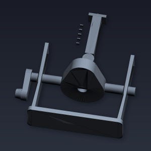 May include: A 3D rendering of a mechanical device, possibly a gear system or a component of a larger machine. The design features a central, cone-shaped element with radial lines, connected to a frame and a handle.