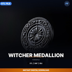May include: A black Witcher Medallion with intricate detailing, featuring a central starburst design and the inscription "WYDIR'S". The medallion is a digital STL file, perfect for 3D printing.