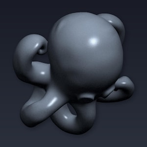 May include: A gray, three-dimensional rendering of an octopus. The octopus has a rounded head and eight tentacles. The tentacles are curved and appear to be in motion. The octopus is set against a dark gray background.