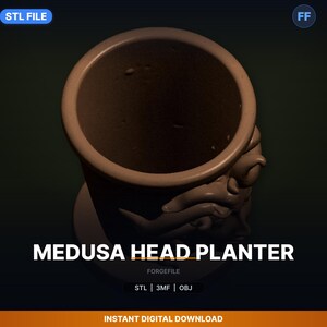 May include: A tan Medusa Head Planter with a detailed sculpted face and a wide opening. The planter has the text "MEDUSA HEAD PLANTER" in white. The bottom of the image has the text "INSTANT DIGITAL DOWNLOAD".
