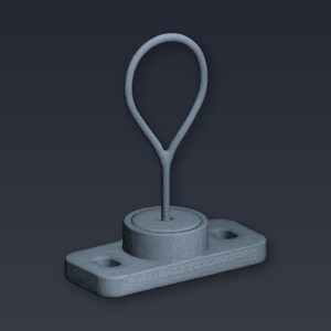 May include: A light gray, 3D-rendered object featuring a teardrop-shaped handle rising from a cylindrical base, which is attached to a rectangular base with two holes. The object is a solid, one-piece design.