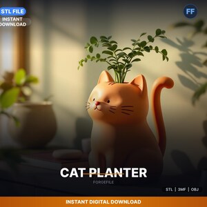 Zittende katvormige plantenbak, staart gekruld, plant STL-bestand | 3D-afdrukbaar | Digitale download