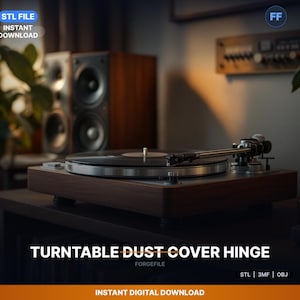 May include: A wooden turntable with a silver tone arm and a black record. The text "TURNTABLE DUST COVER HINGE" is displayed below the turntable. The image also includes a pair of speakers and the text "INSTANT DIGITAL DOWNLOAD".
