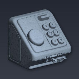 May include: A gray, geometric-patterned safe with a combination lock, a dial, and a hinged door. The safe has a rectangular shape with rounded edges and a dark background.