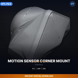Puede incluir: Un soporte de esquina para sensor de movimiento gris renderizado en 3D. La imagen muestra un diseño geométrico con el texto "MOTION SENSOR CORNER MOUNT" y "STL | 3MF | OBJ". También se ven las palabras "STL FILE" y "INSTANT DIGITAL DOWNLOAD".