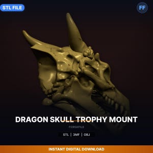May include: A digital rendering of a dragon skull trophy mount. The skull is a light tan color with prominent horns and detailed bone structure. The text "DRAGON SKULL TROPHY MOUNT" is displayed in white, along with file type options.