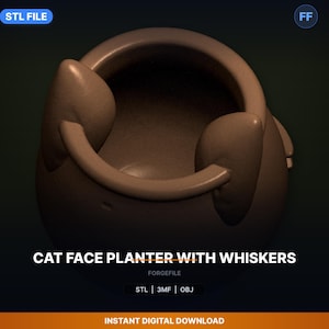 Pode incluir: Um vaso de rosto de gato marrom com bigodes, ideal para plantas pequenas. O vaso tem uma forma arredondada com características semelhantes às orelhas de gato nas laterais. O texto "CAT FACE PLANTER WITH WHISKERS" é exibido abaixo.