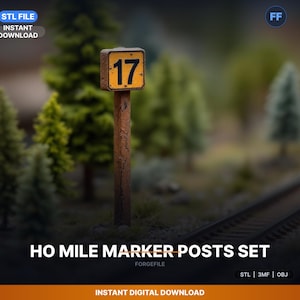 May include: A weathered HO scale mile marker post with the number 17 on a yellow square sign. The post is brown and set against a blurred background of miniature trees and a model railroad track. The text "HO MILE MARKER POSTS SET" is at the bottom.